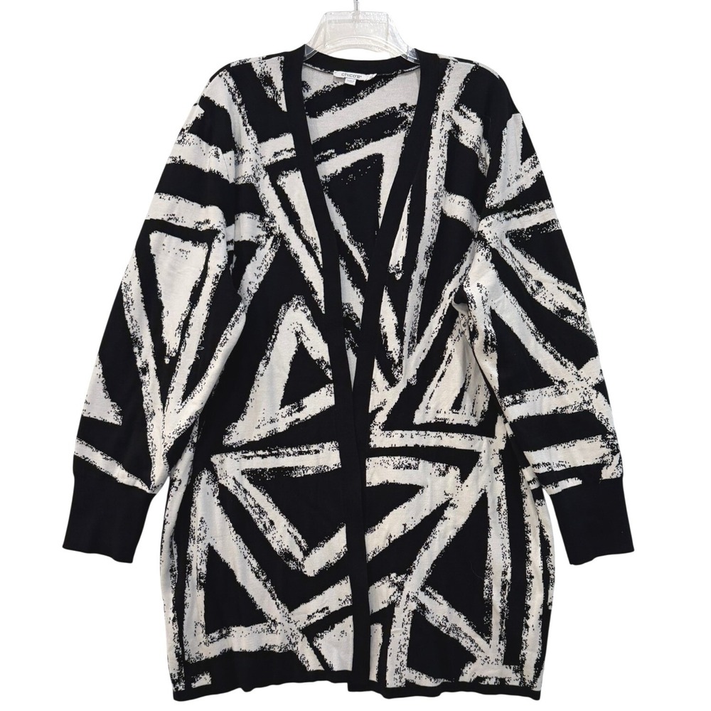 Chico's Geometric Open Front Cardigan Black White Longline Sweater Size 4 / XXL